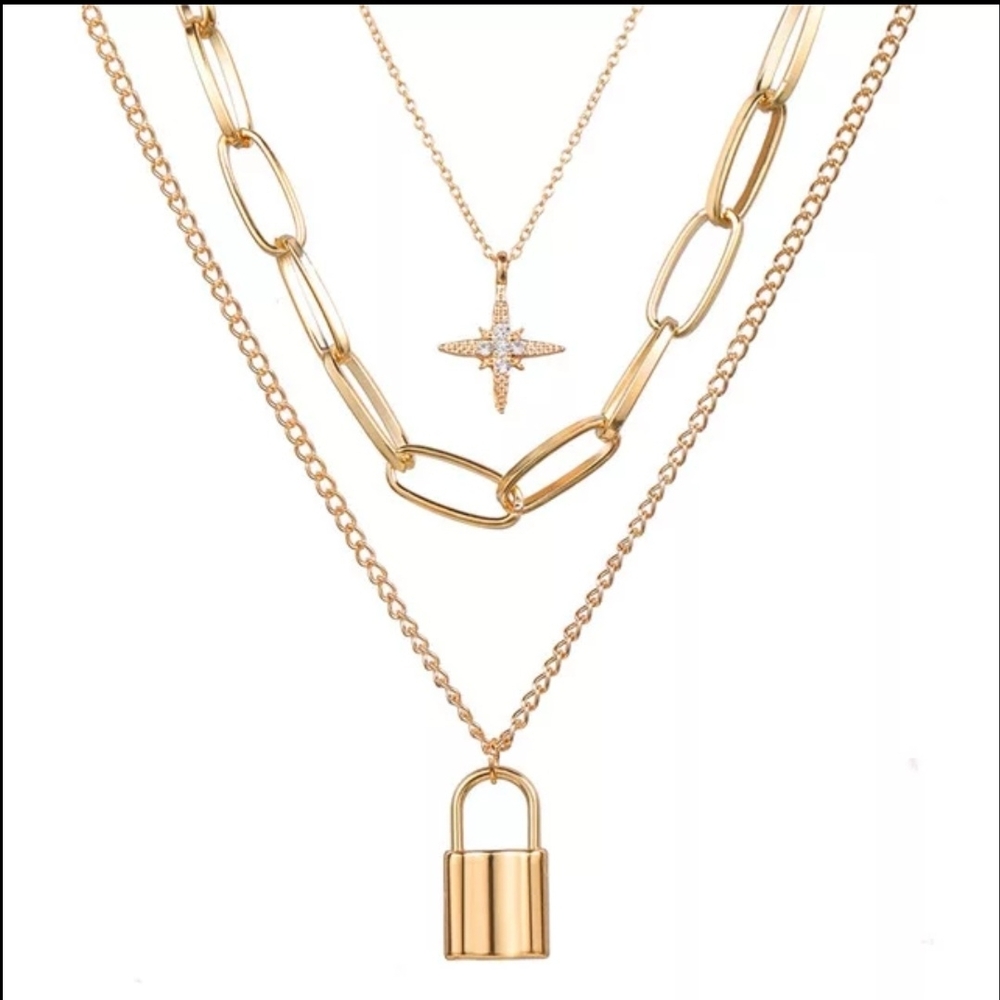 Layered Gold Padlock & Star Pendant Necklace Set